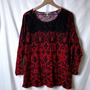 Dress Barn Women Red Black Lace Long Sleeve Top Size 3X Romantic Fairy Grunge